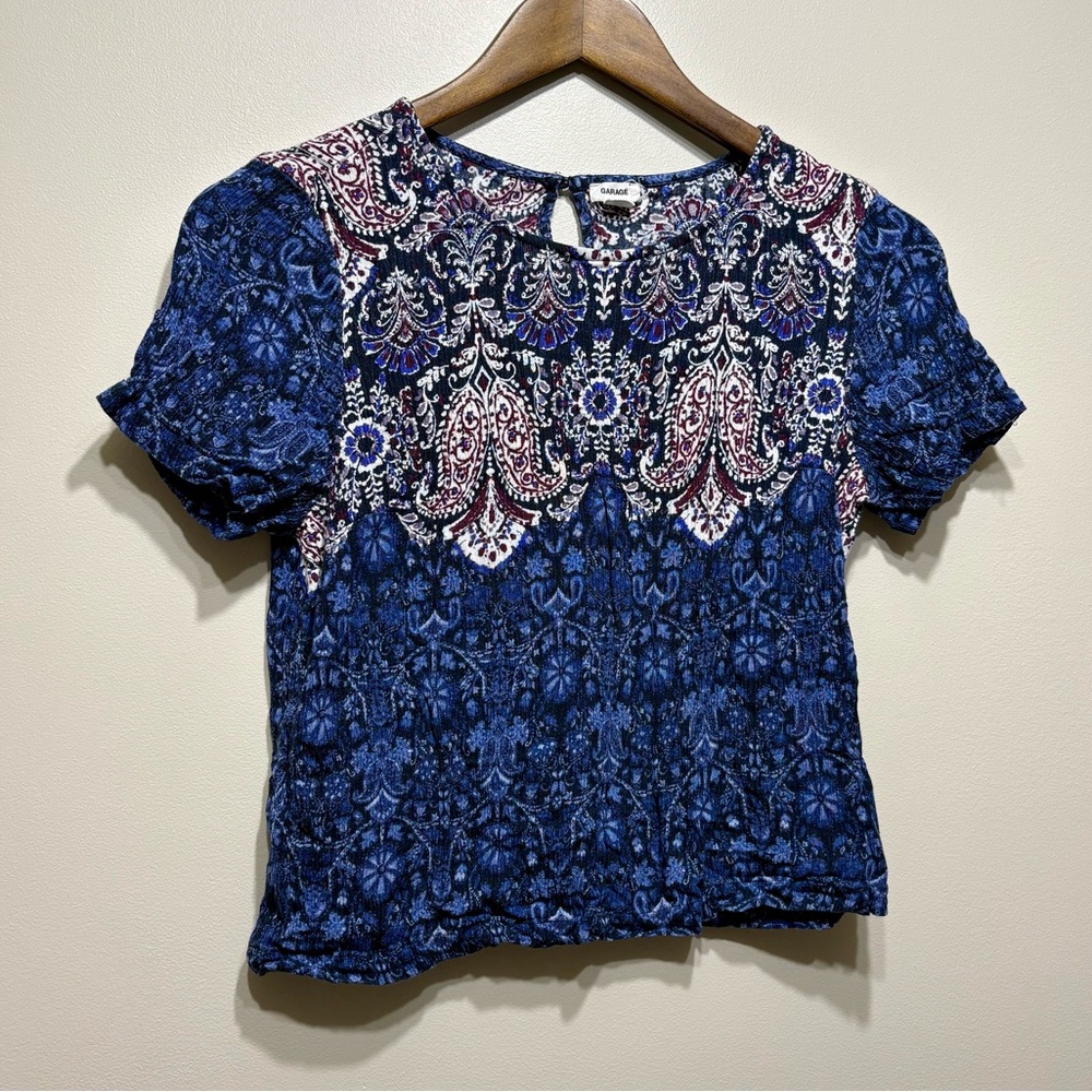 ✨$8 CLEAR-OUT✨ Garage Smocked Paisley Boho Crop Top Shirt Blue